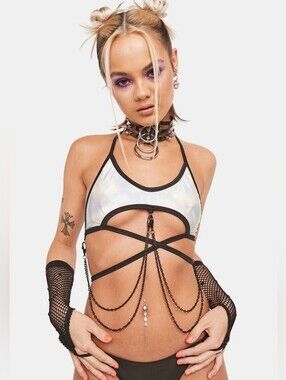 NWT Dolls kill Rolita Rave Goth Y2K Festival Concert Iridescent Chain Bra Top